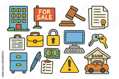 Business Assets Icons. business assets. Colorful Hand-drawn doodle Children illustration business assets office building, "For Sale" sign, auction hammer,