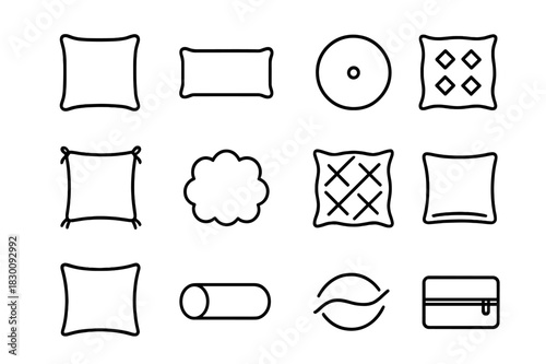 Pillow Icon Collection. Pillow Designs. Line icon set of Pillow Designs: square pillow, rectangle pillow, round pillow, patterned pillow, tassel pillow, fluffy