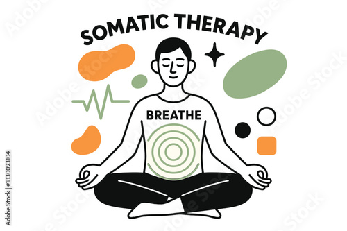 Serene Heartbeat Waves. Somatic Therapy Session. A calm figure sits with eyes closed, gentle waves radiate from the chest labeled ?breathe.? Floating shapes