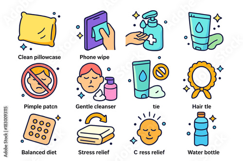 Acne Hygiene Icons Set. Acne prevention hygiene. Colorful isometric vector icons set of Acne prevention hygiene: clean pillowcase, phone wipe, hand sanitizer,