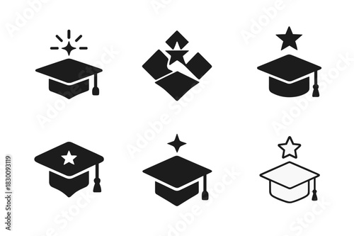 Guiding Star Logos. Mentorship and scholarships. Set Logo of Mentorship and scholarships: guiding star over graduation cap. harmonious logo variations of the