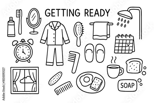 Morning Routine Icons. Getting Ready. Hand-drawn doodle illustration Getting Ready toothbrush, toothpaste, mirror, hairbrush, towel, shower, comb, alarm clock,