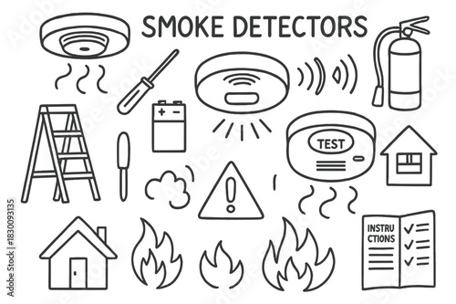 Smoke Detector Doodle. Smoke Detectors. Hand-drawn doodle illustration Smoke Detectors smoke detector, ceiling, alarm sound, battery, test button, smoke,