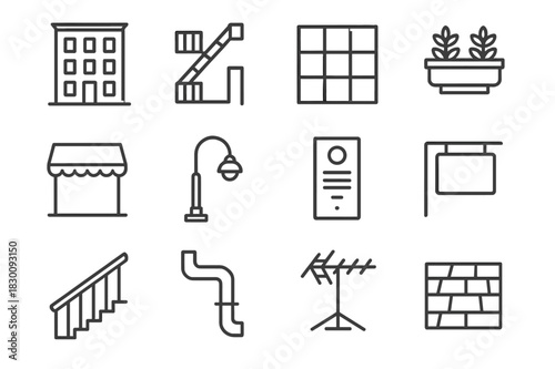 Urban Facade Icons. Urban Facades. Line icon set of Urban Facades: apartment exterior, fire escape, city window grid, balcony planter, awning, street light,