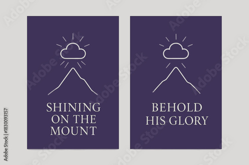Shining Mountain Glory. Transfiguration. Two vertical A6 banners with safe margins, centered composition, no elements touching edges, minimal, royal purple and