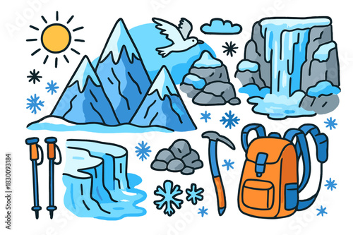 Frozen Mountain Adventure. Frozen peaks. Colorful Hand-drawn doodle Children illustration Frozen peaks sharp mountains, ice layers, glacier crevasse, frosty