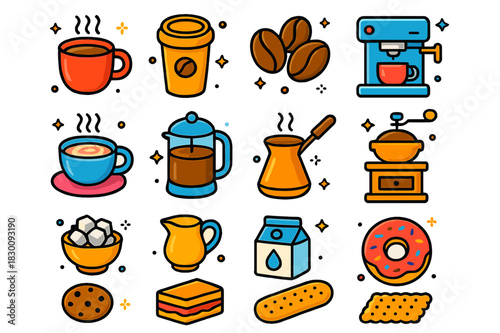 Colorful Coffee Icons. Coffee. Colorful isometric vector icons set of Coffee: cups, beans, machines, brewers, grinders, sugar, cream, milk, cookies, cakes,