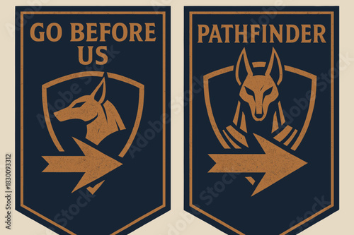 Forerunner Banners Unveiled. Battle Forerunner. Two vertical A6 banners with safe margins, centered composition, no elements touching edges, bold, indigo and