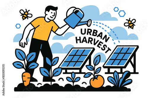 Urban Rooftop Harvest. Rooftop Garden + Panels. Vegetables sprout beside elevated PV frames; watering can pours a dotted arc labeled ?Urban Harvest.? Bees buzz