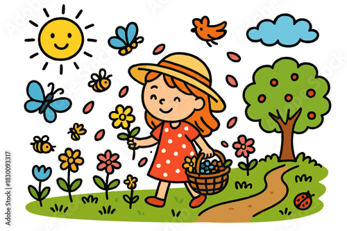 Children Collecting Blooms. collecting blooms. Colorful Hand-drawn doodle Children illustration collecting blooms girl, basket, flowers, grass, sun, butterfly,