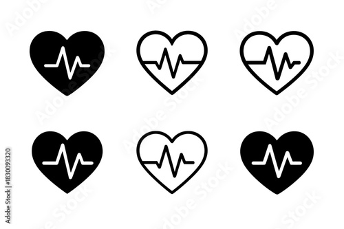 Heart Pulse Logos. Heart rate monitoring. Set Logo of Heart rate monitoring: pulse waveform within heart. harmonious logo variations of the same emblematic
