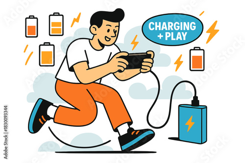 Mobile Gaming Charge. Playing a mobile game on the go ? Power bank pit stop. Cable arcs in a clean curve as battery icons orbit the phone. ?CHARGING + PLAY?