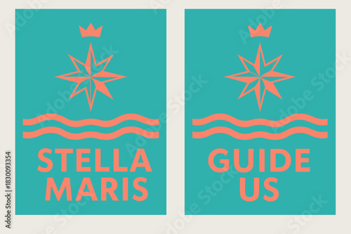 Stella Maris Guide. Star of the Sea. Two vertical A6 banners with safe margins, centered composition, no elements touching edges, modern, turquoise and coral,