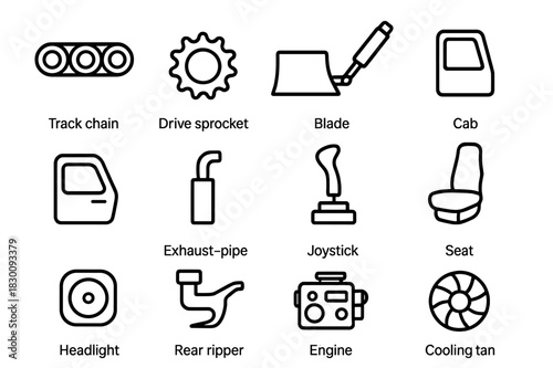 Bulldozer Parts Icons. Bulldozer components. Line icon set of bulldozer parts: track chain, drive sprocket, blade, hydraulic cylinder, cab, exhaust pipe,