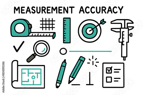 Measurement Accuracy Doodle. // Measurement accuracy. Hand-drawn doodle illustration Measurement accuracy [tape measure (accented), ruler (accented), target