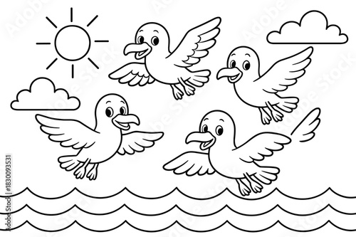 Seagulls Coloring Fun. Seabirds children?s coloring book illustration, outlined drawing, a group of friendly cartoon seagulls flying above gentle ocean waves