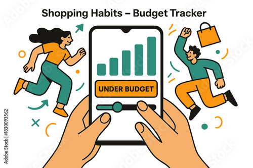 Dynamic Budget Tracking. Shopping Habits ? Budget Tracker. Hands adjust a tidy slider on a phone; bars rise and settle with a soft glow. Caption ?under budget?