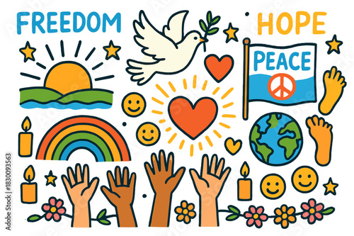 Freedom and Hope Icons. Freedom and hope. Colorful Hand-drawn doodle Children illustration Freedom and hope flying dove, sunrise, raised hands, rainbow, open