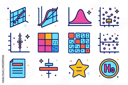Colorful Statistical Icons. Statistical plots. Colorful isometric vector icons set of Statistical plots: QQ plot, cumulative distribution curve, density plot,