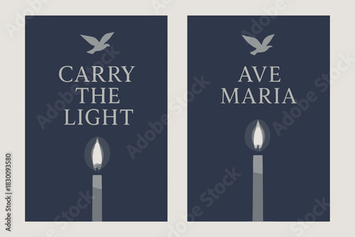 Candlelight Banners. Candlelight Procession. Two vertical A6 banners with safe margins, centered composition, no elements touching edges, minimal, indigo and