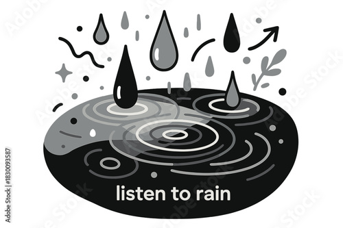 Rainfall on Pebbles. Pebble ? Rain Pattern. Ripples overlap across a flat stone surface; droplets fall in calm rhythm. Caption ?listen to rain?. Modern flat