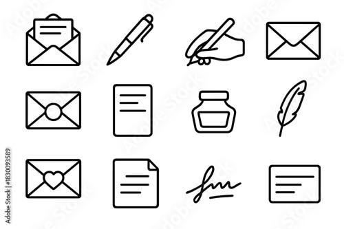 Correspondence Icon Set. Correspondence. Line icon set of Correspondence: open letter, pen, handwriting, envelope, wax seal, paper sheet, ink bottle, feather