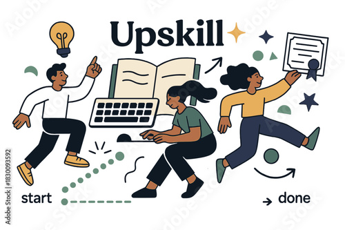 Upskill Vision Board. Vision Board ? Learning & Skills. Book, keyboard, and certificate cards overlap; headline ?Upskill? with a spark. Progress dots step from