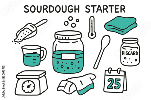 Sourdough Starter Doodle Icons. // Sourdough starter. Hand-drawn doodle illustration Sourdough starter [glass jar (accented), rubber band, starter bubbles