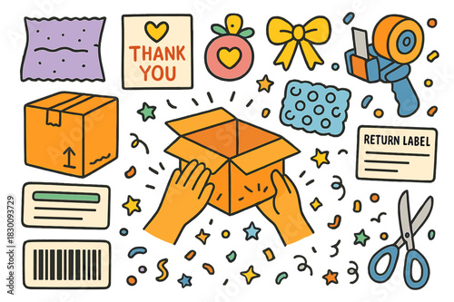 Colorful Shipping Doodles. Packaging and unboxing. Colorful Hand-drawn doodle Children illustration Packaging and unboxing shipping box, tissue paper, thank