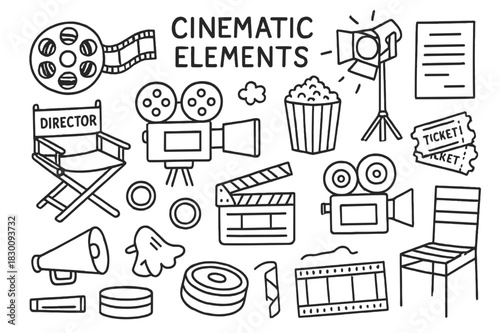Cinematic Icons Doodle. Cinematic Elements. Hand-drawn doodle illustration Cinematic Elements film reel, movie tape, clapperboard, director?s chair, camera,