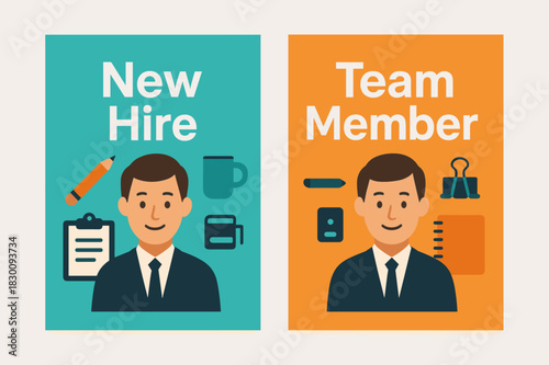 Modern Office Banners. Employee. Two vertical A6 banners with safe margins, centered composition, no elements touching edges, modern, turquoise and orange,