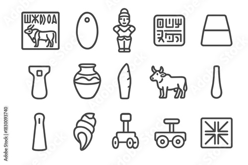 Indus Valley Icon Set. Indus Valley relics. Line icon set of Indus Valley relics: steatite seal, carnelian bead, terracotta figurine, weight stone, script