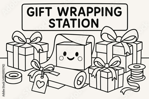 Gift Wrapping Fun. Gift Wrapping Station children?s coloring book illustration, outlined drawing, presents being wrapped with ribbons and bows, a tag with a