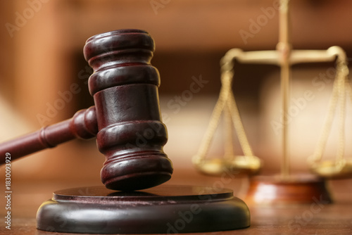 Judge's gavel on table in o...