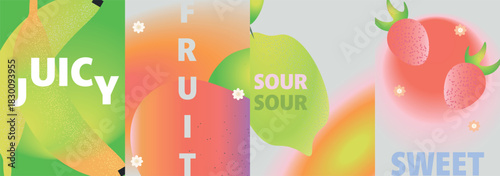 Fruit gradient vector abstract modern 3D illustration of a banana, lemon, orange, stawberry for a card, poster or banner