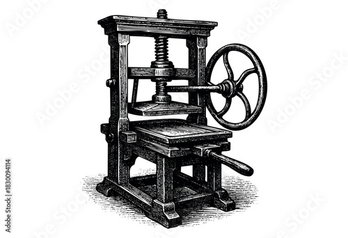 Intricate vintage engraving of an antique printing press machine.