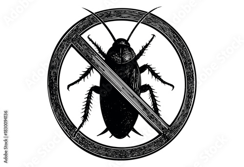 Engraved insect illustration inside a prohibition circle, representing pest control.