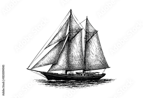 Detailed engraving of a two-masted sailboat on the sea with realistic shading.