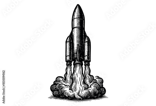 Vintage engraved rocket launching with clouds of smoke and flame.
