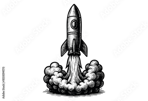 Vintage engraved rocket launching with clouds of smoke and flame.