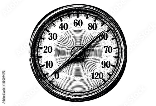 Detailed vintage engraving of a round speedometer with numeric markings.