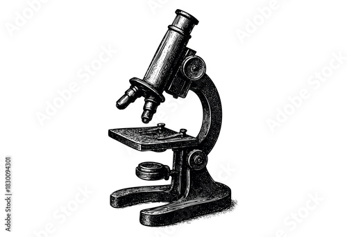 Vintage engraving of a classic laboratory microscope in detailed etching style — stock vector.