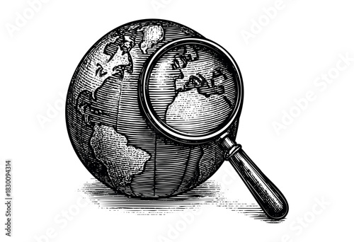 Vintage engraved illustration of a globe with magnifying glass — stock vector.