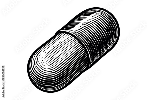 Vintage engraved illustration of a medicine capsule in detailed etching style — stock vector.