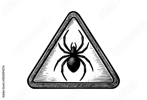 Vintage engraved illustration of a warning triangle sign with spider — stock vector.