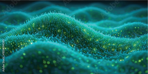 Abstract blue background with swirling wave pattern and light texture suggesting nanotechnology and science illustration