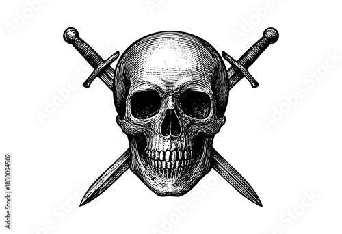 Vintage engraved illustration of a skull with crossed swords — stock vector.