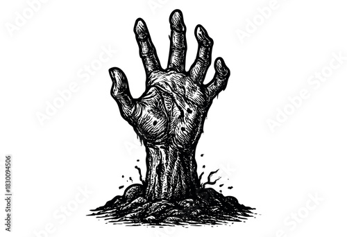 Vintage engraved illustration of a zombie hand rising from the ground — stock vector.