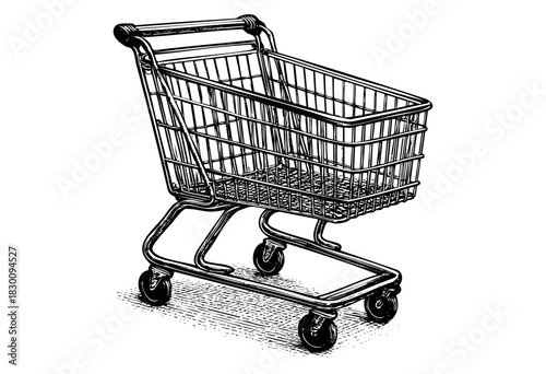 Vintage engraved illustration of a metal supermarket shopping cart — stock vector.