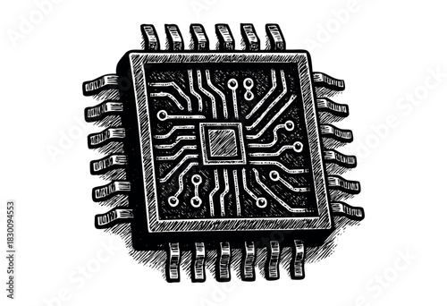 Vintage engraved illustration of a detailed electronic microchip — stock vector.